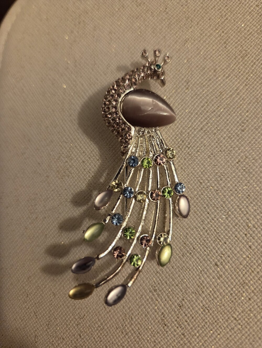 Silver Tone Peacock Brooch with Purple Cat's Eye Stone and Multicolor Rhinestone